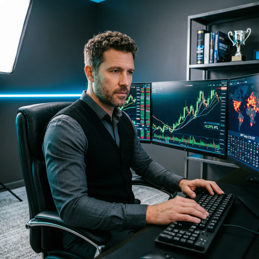Professional forex trader analyzing Topstep Trading Combine profit target on multiple monitors