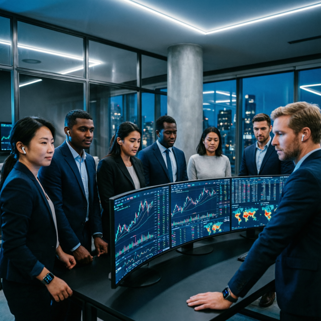 Professional trading team analyzing Topstep combine strategies in modern office