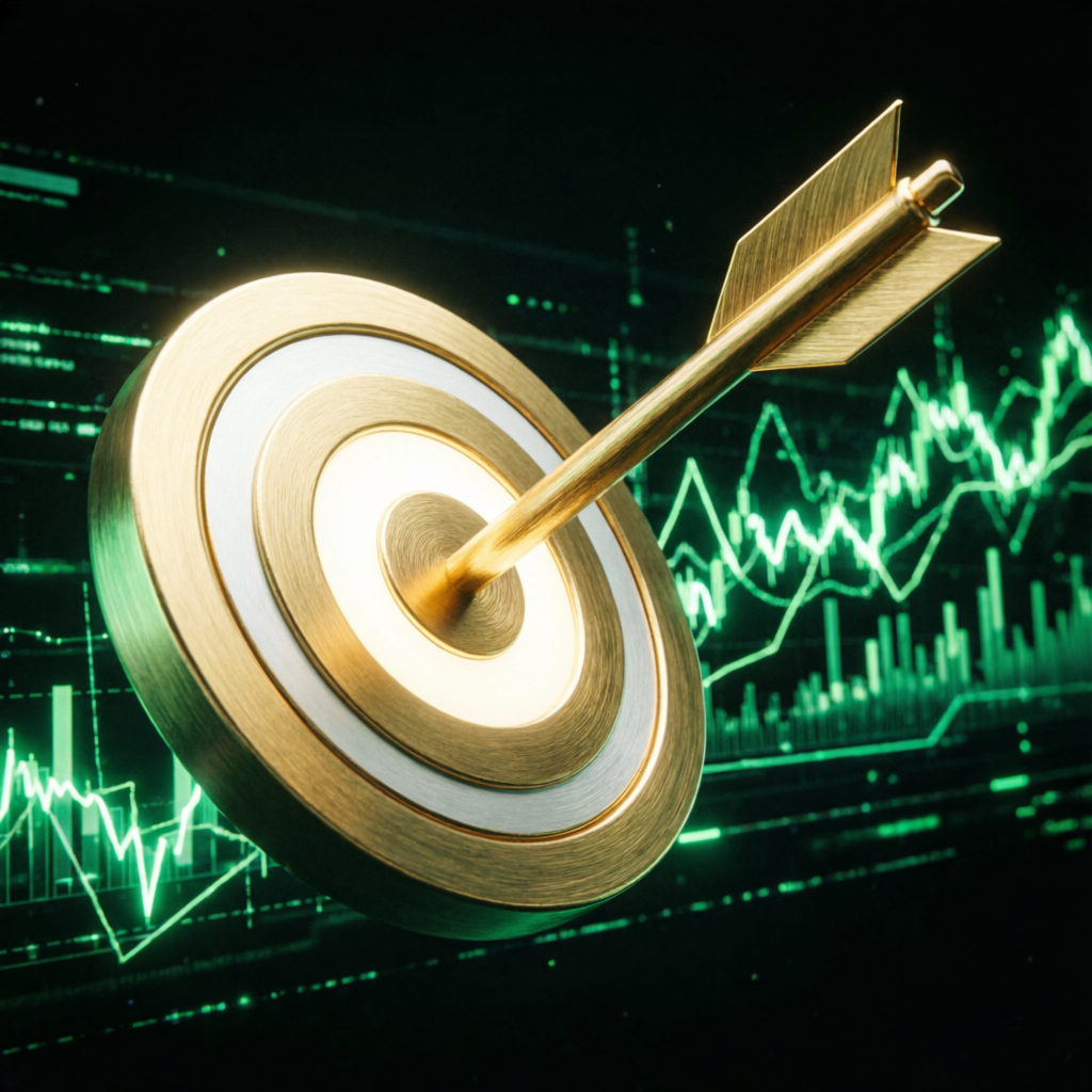 Golden profit target arrow hitting bullseye on trading chart background representing Topstep combine success