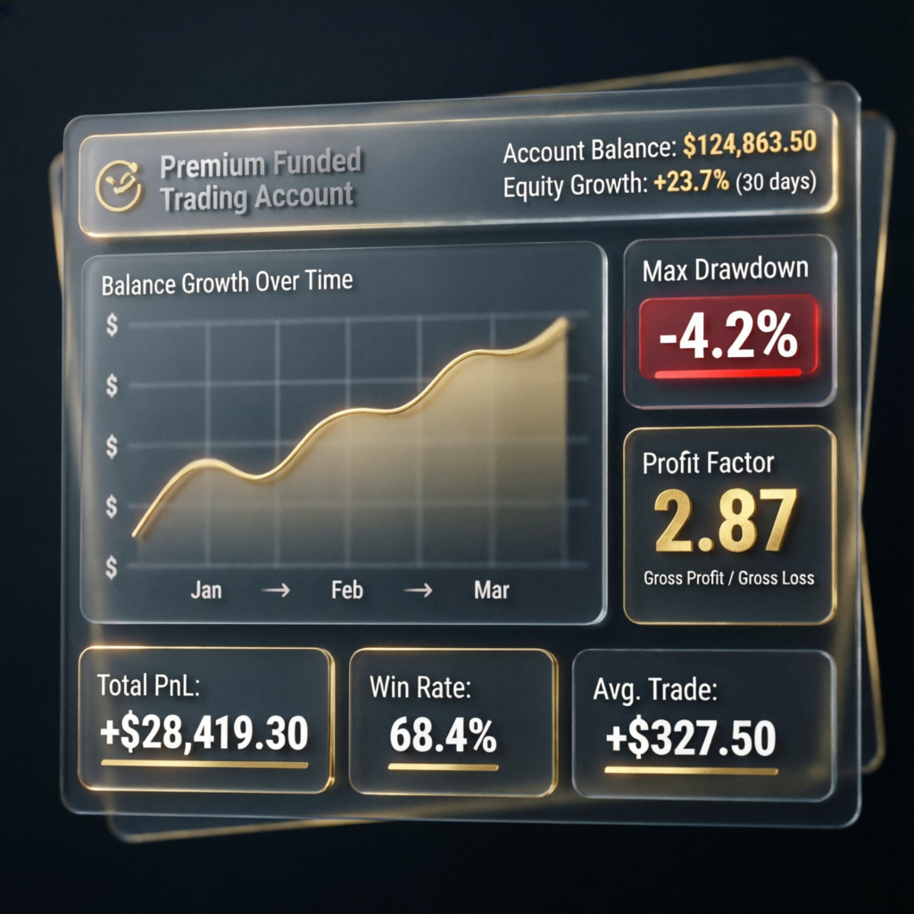 Premium funded trading account dashboard showing profit metrics and risk management indicators