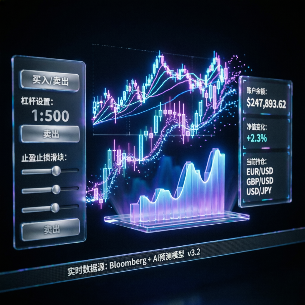 AI-powered trading dashboard with holographic financial charts and neon gradients