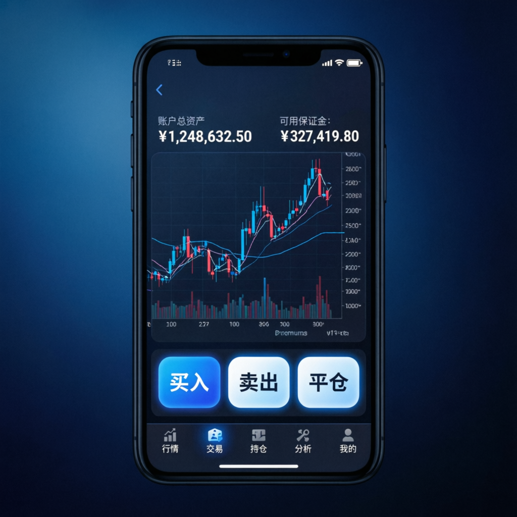 Mobile trading app interface on smartphone showing futures trading charts and portfolio balance