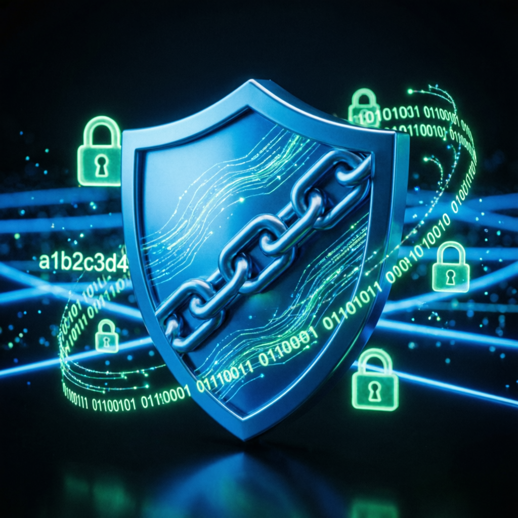 Security and trust visualization with shield icon and encrypted data streams