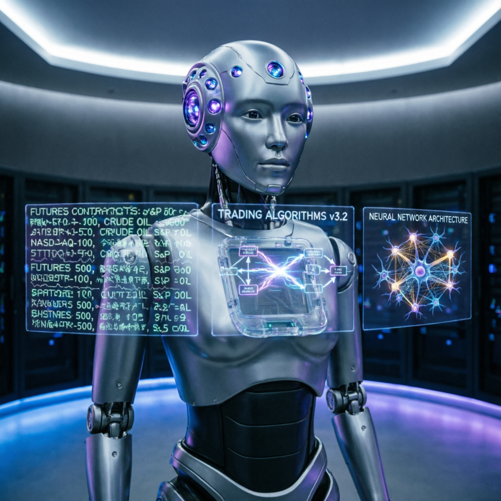 AI robot analyzing financial markets with holographic trading algorithms and neural network visualization