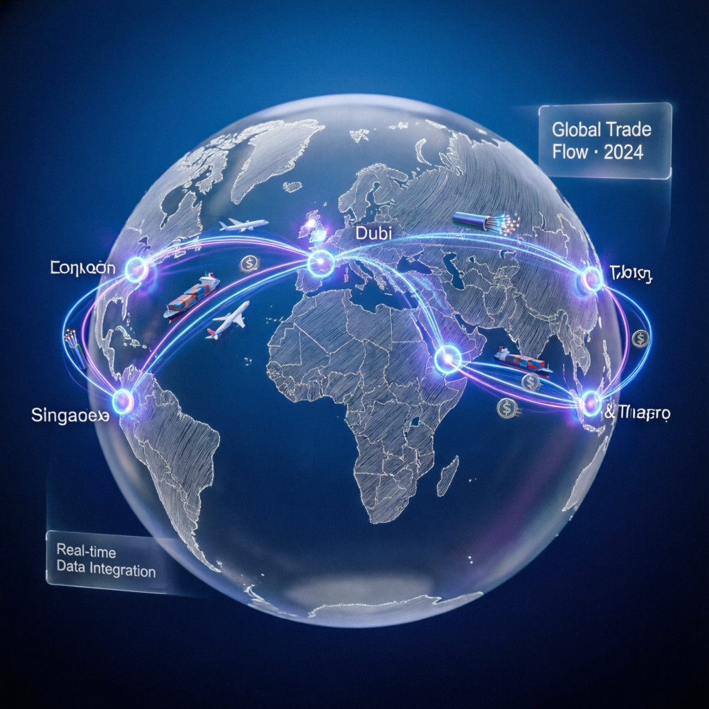Global trading network visualization showing connected world map with trading hubs