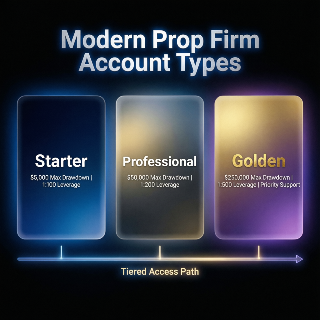 Modern Prop Firm Account Types showing Starter, Professional and Golden tiers with drawdown and leverage details
