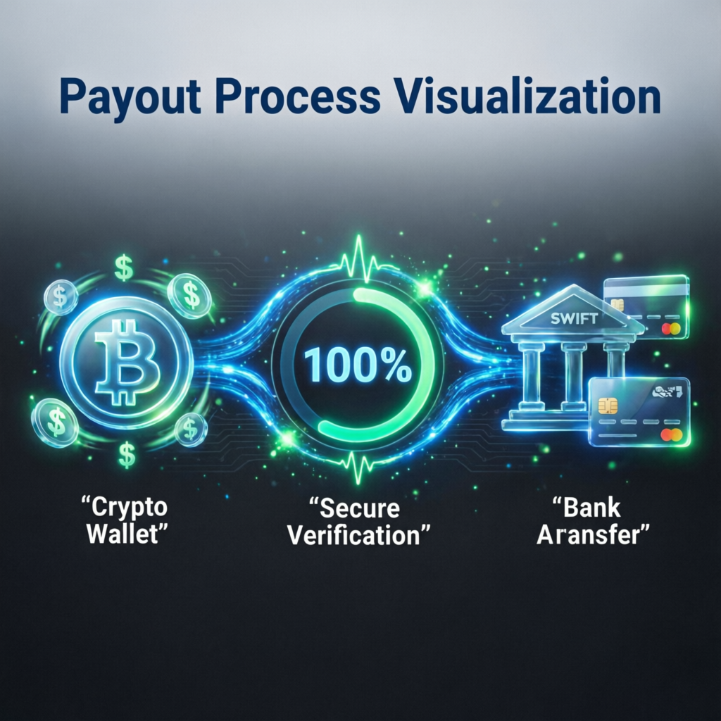 Payout process visualization showing crypto wallet, secure verification and bank transfer options