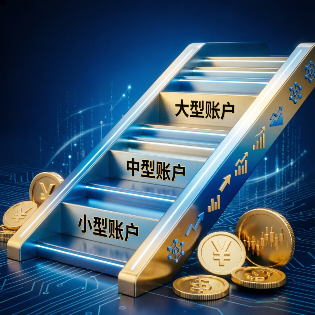 Scaling plan progression graphic showing account growth from small to large with golden coins