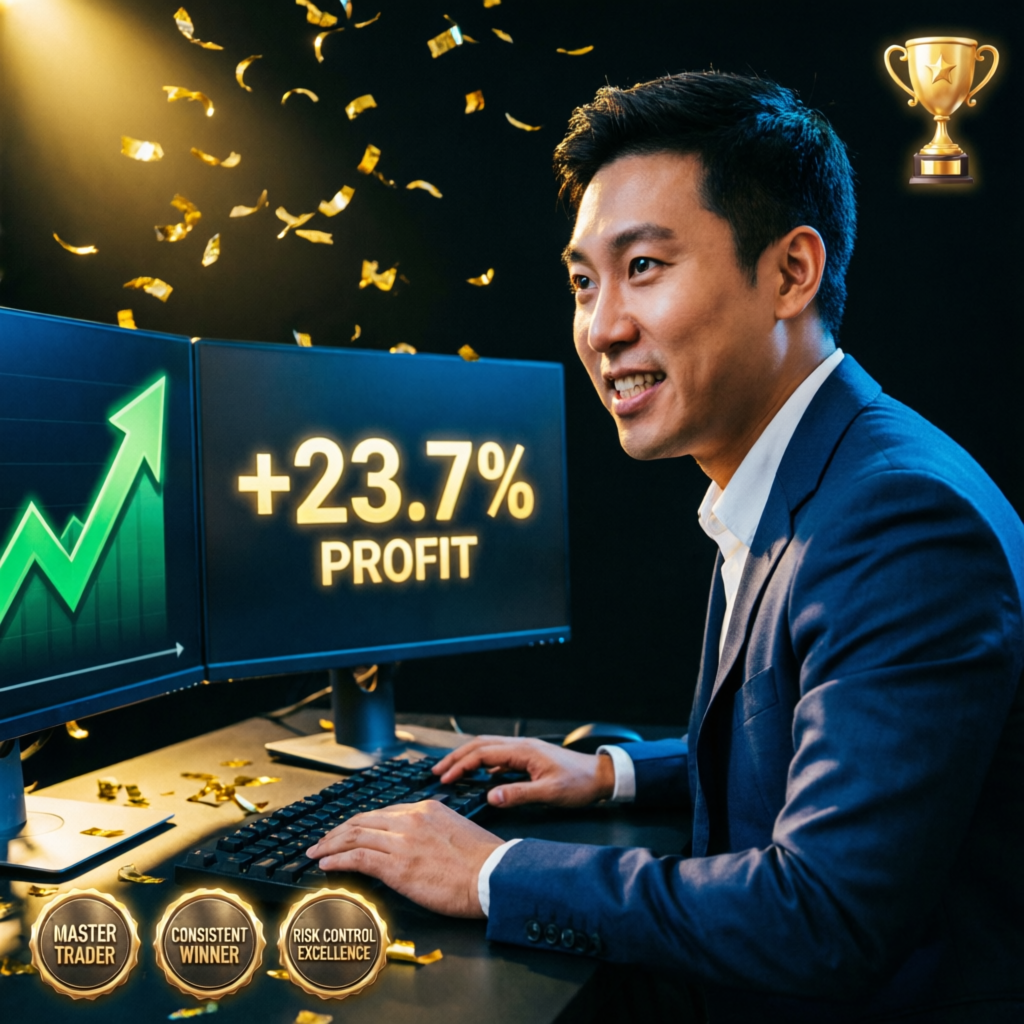 Successful trader celebrating +23.7% profit with trophy and achievement badges