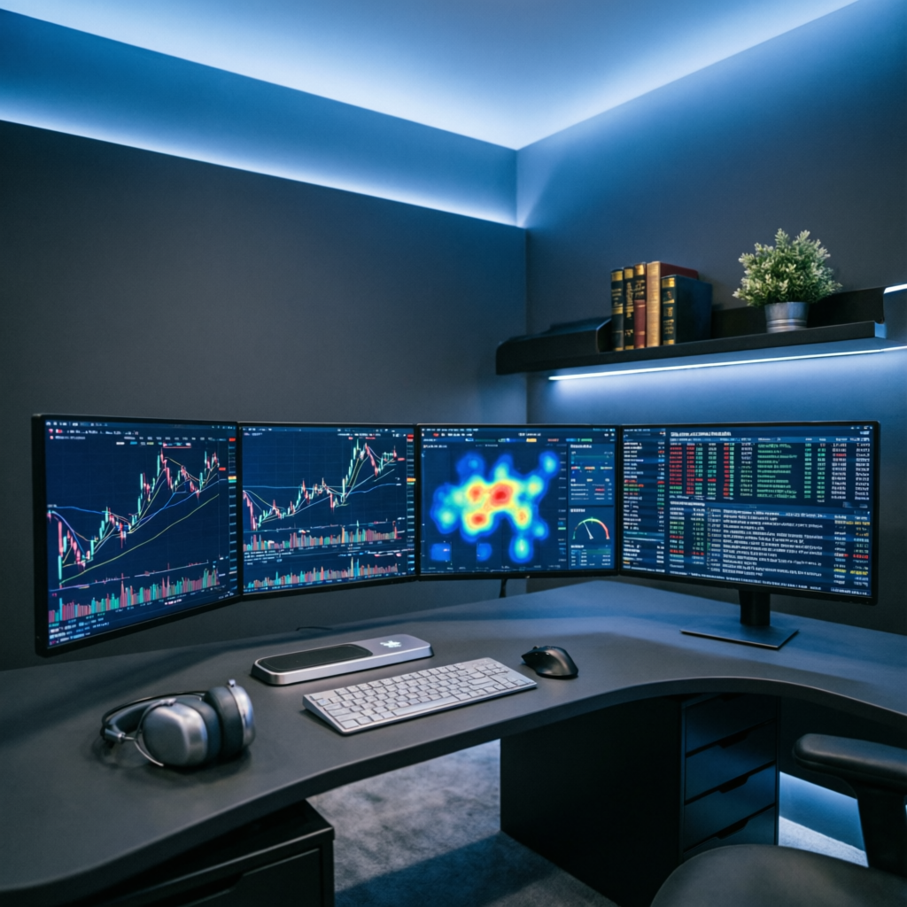 Professional trader workspace with multiple monitors showing trading charts and AI indicators