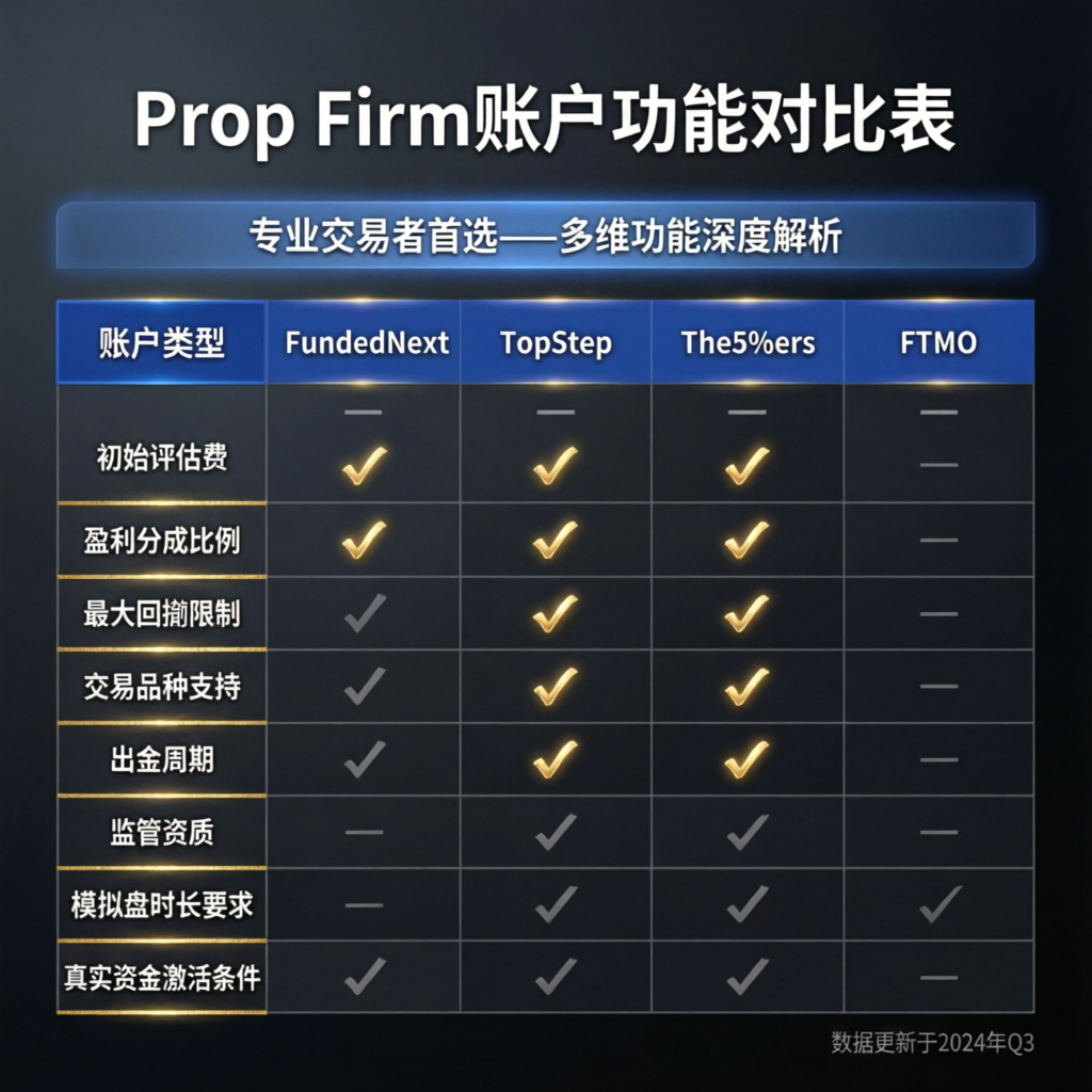 Prop Firm account feature comparison table showing different plan features