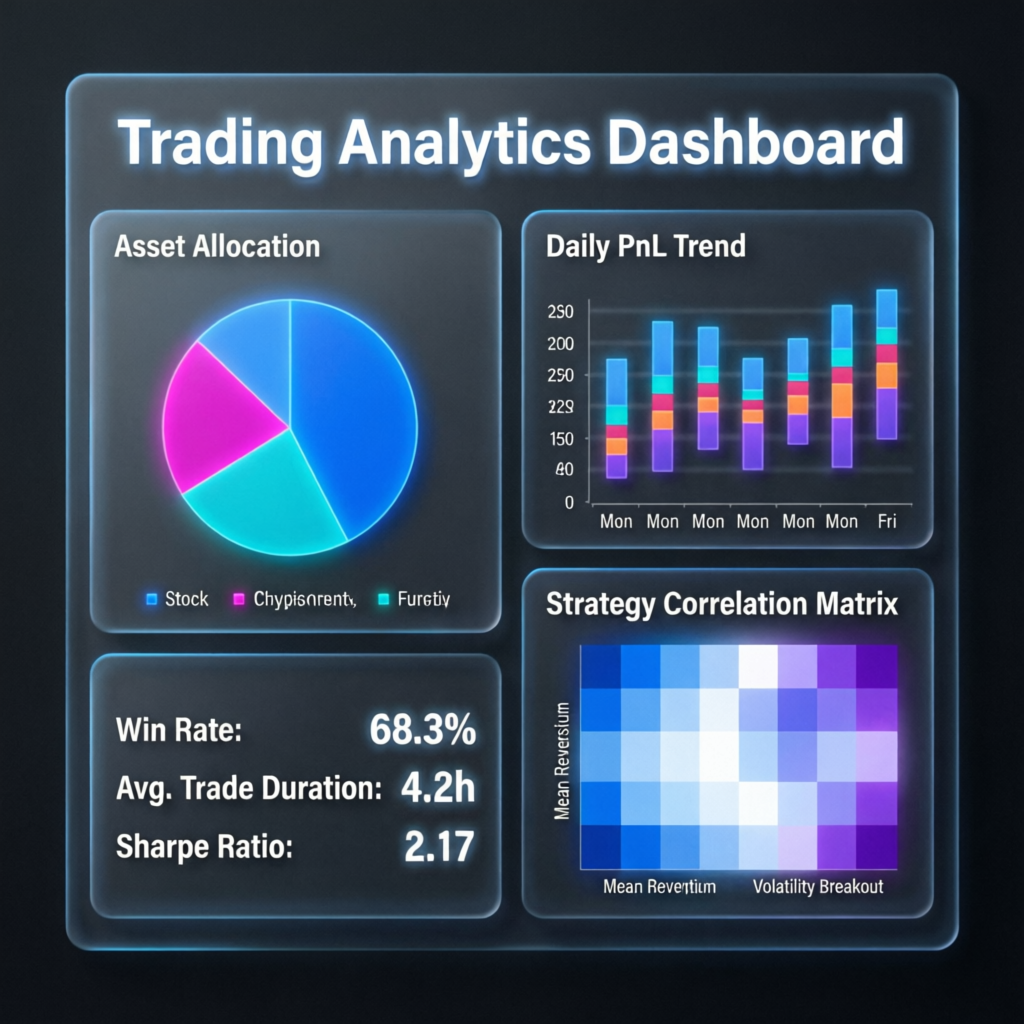Trading analytics dashboard with pie charts, bar graphs and performance metrics
