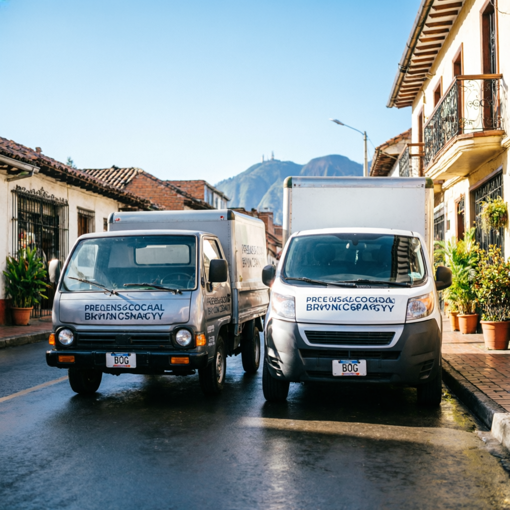 Camiones y furgonetas de acarreo en Bogotá listos para transporte de carga