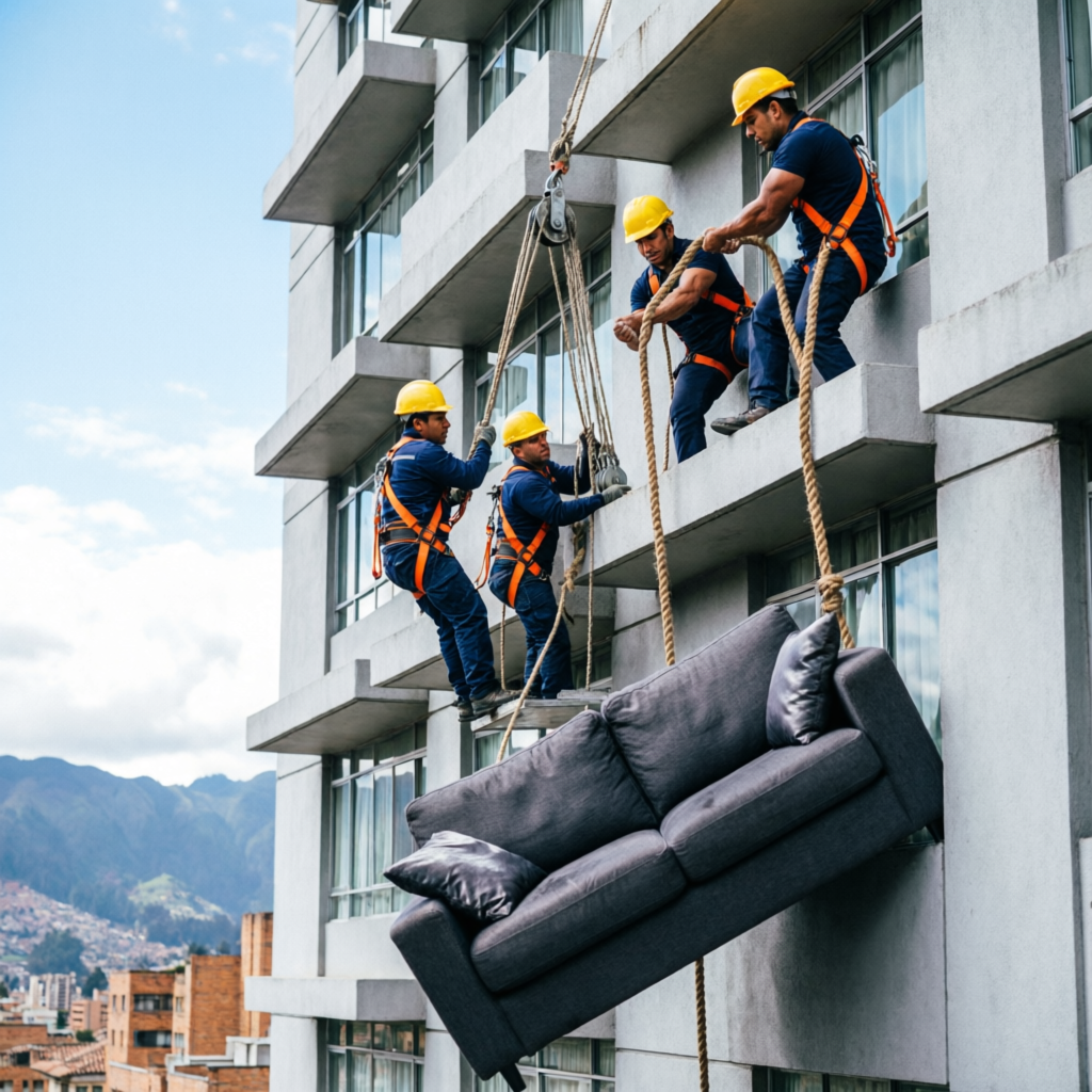 Trabajadores profesionales subiendo sofá por fachada de edificio en Bogotá con poleas y equipos de seguridad
