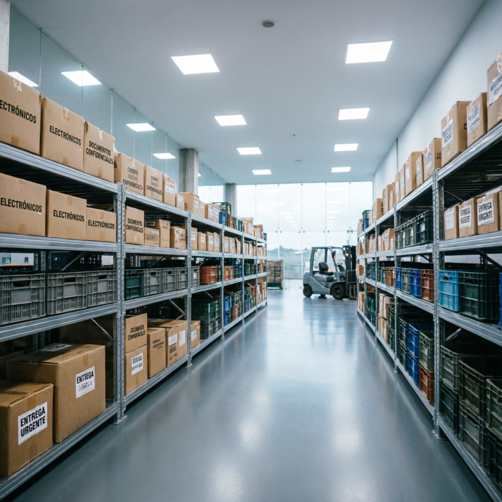 Bodega de almacenamiento profesional en Bogotá con estanterías organizadas y cajas etiquetadas