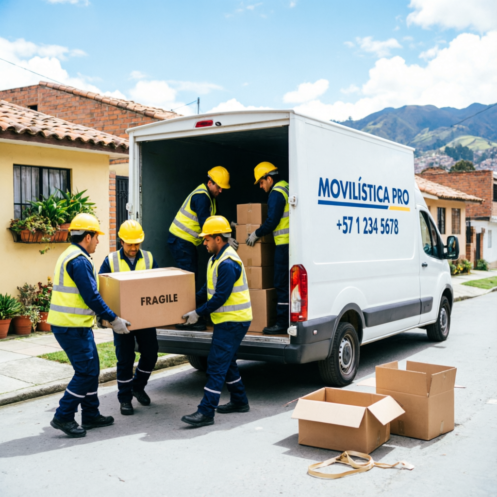 Equipo profesional de trasteos en Bogotá cargando cajas y muebles en camión de mudanzas