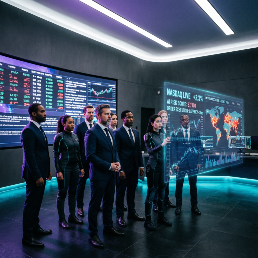 Elite Prop Funded Kings trading team in modern command center with AI technology