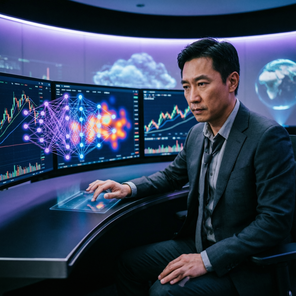 Professional AI-powered forex trader analyzing Apex evaluation requirements with advanced trading dashboard