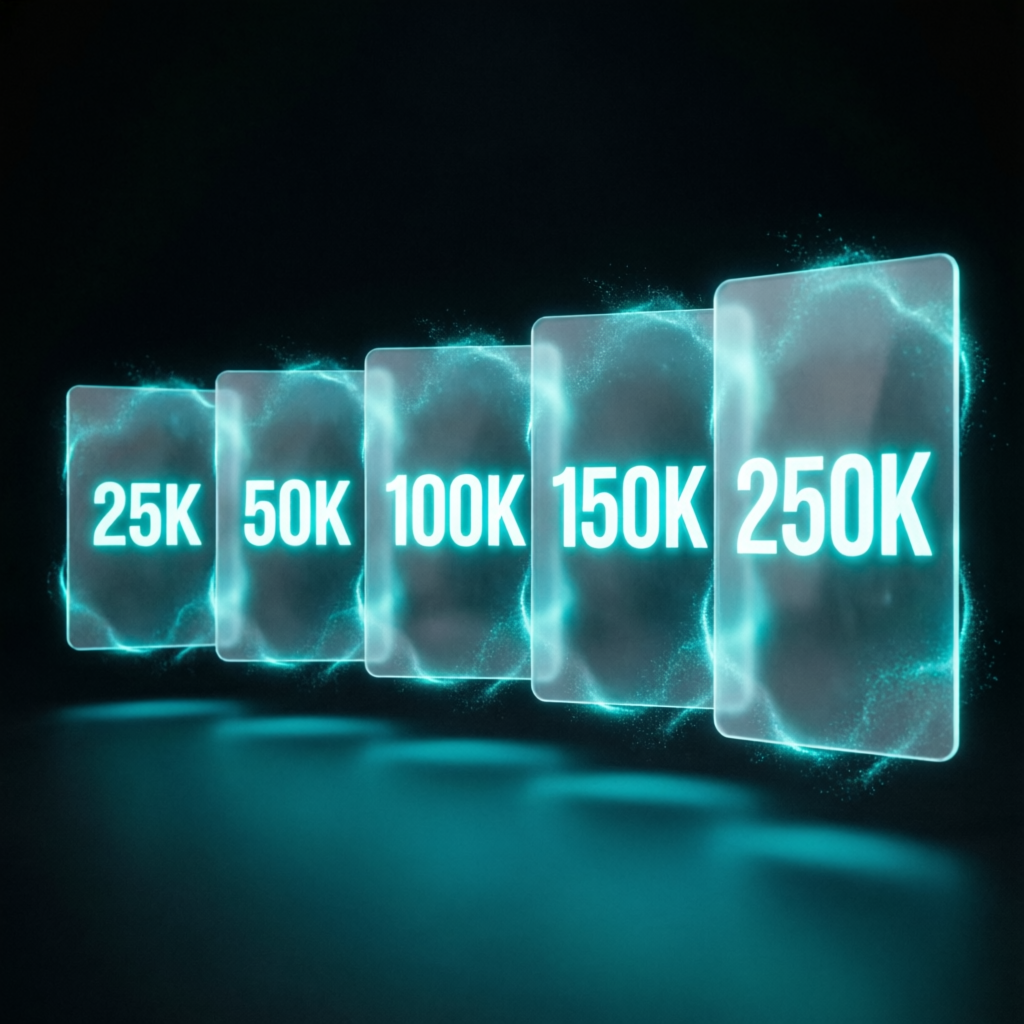 Apex Trader Funding account sizes from 25K to 250K displayed as holographic cards