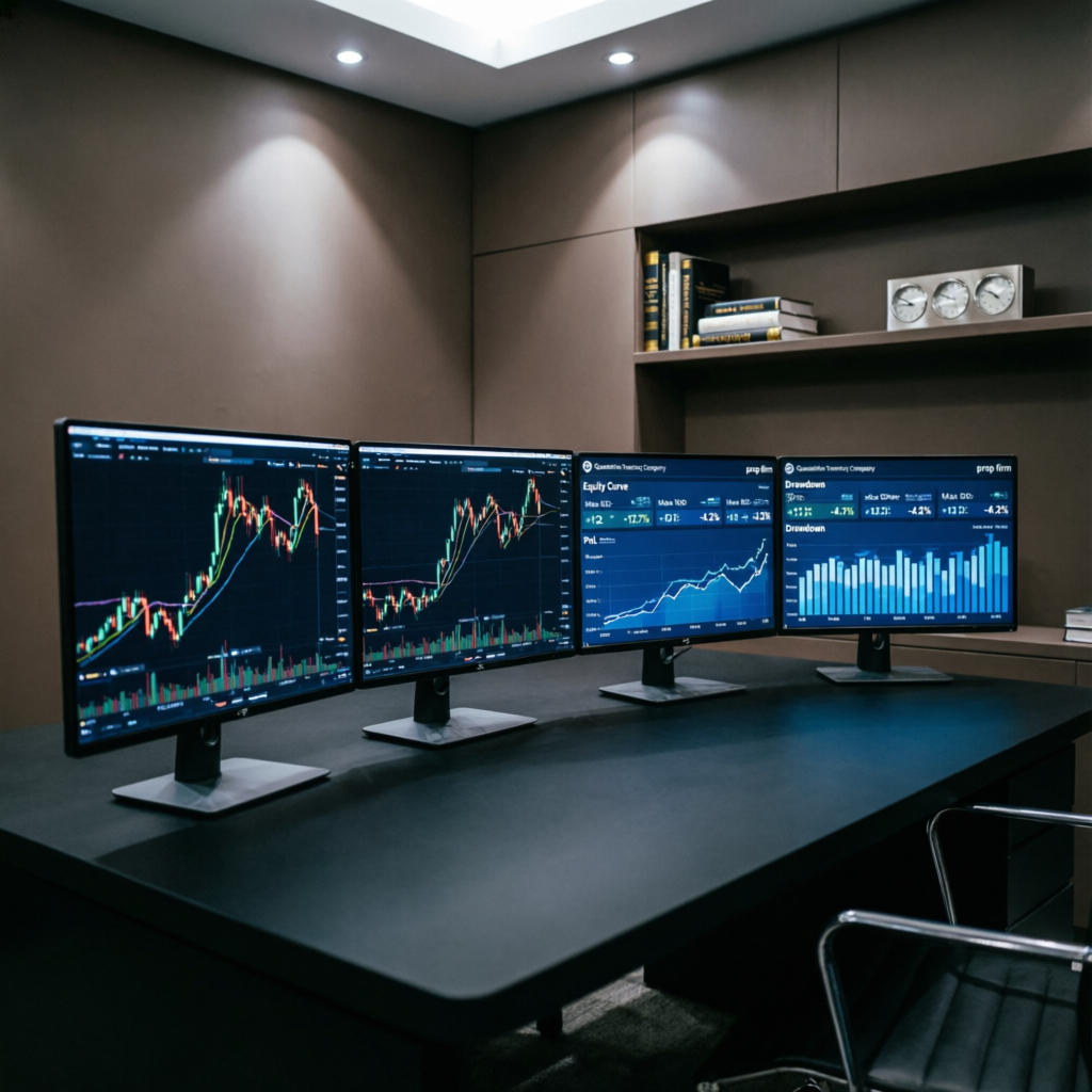 Professional trading setup with multiple monitors for Take Profit Trader evaluation