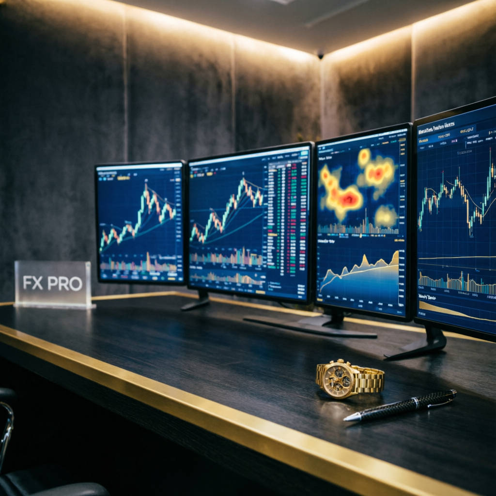 Professional forex trading desk with multiple monitors showing financial charts - Fx Challenge Passer