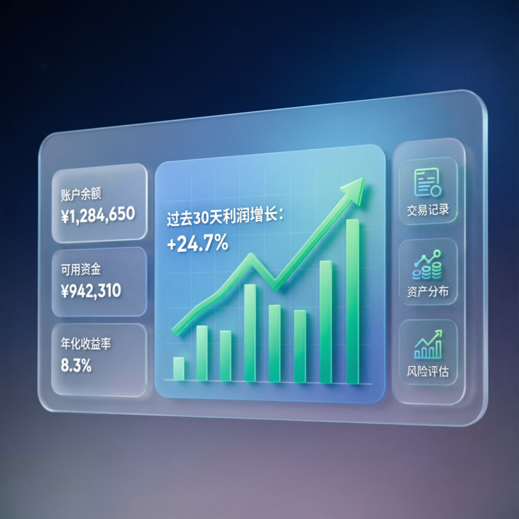 Funded account dashboard showing profit growth and performance metrics