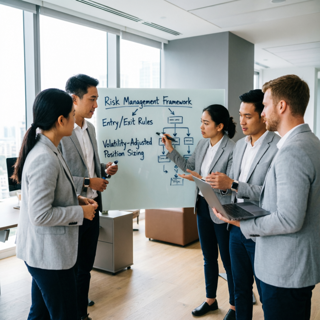 Professional trading team discussing risk management framework on whiteboard