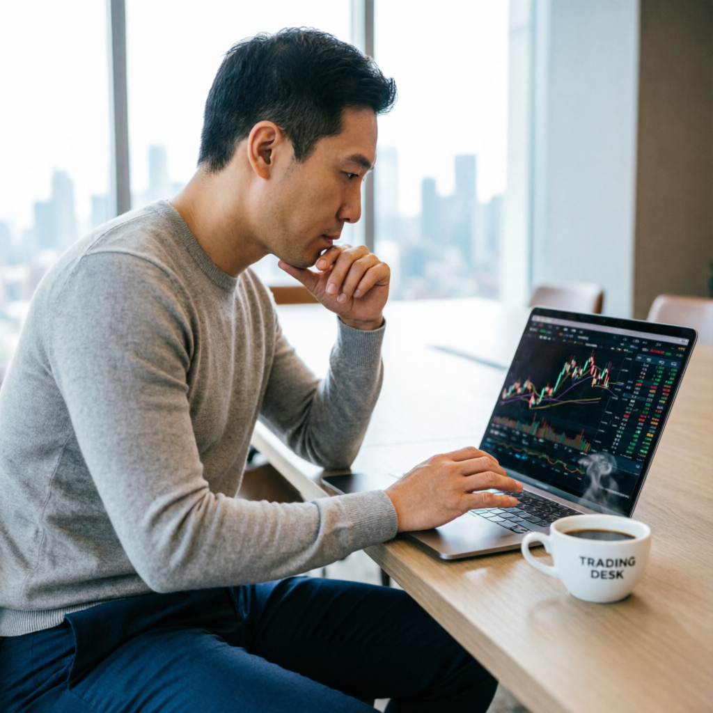 Professional trader analyzing charts and funded account dashboard