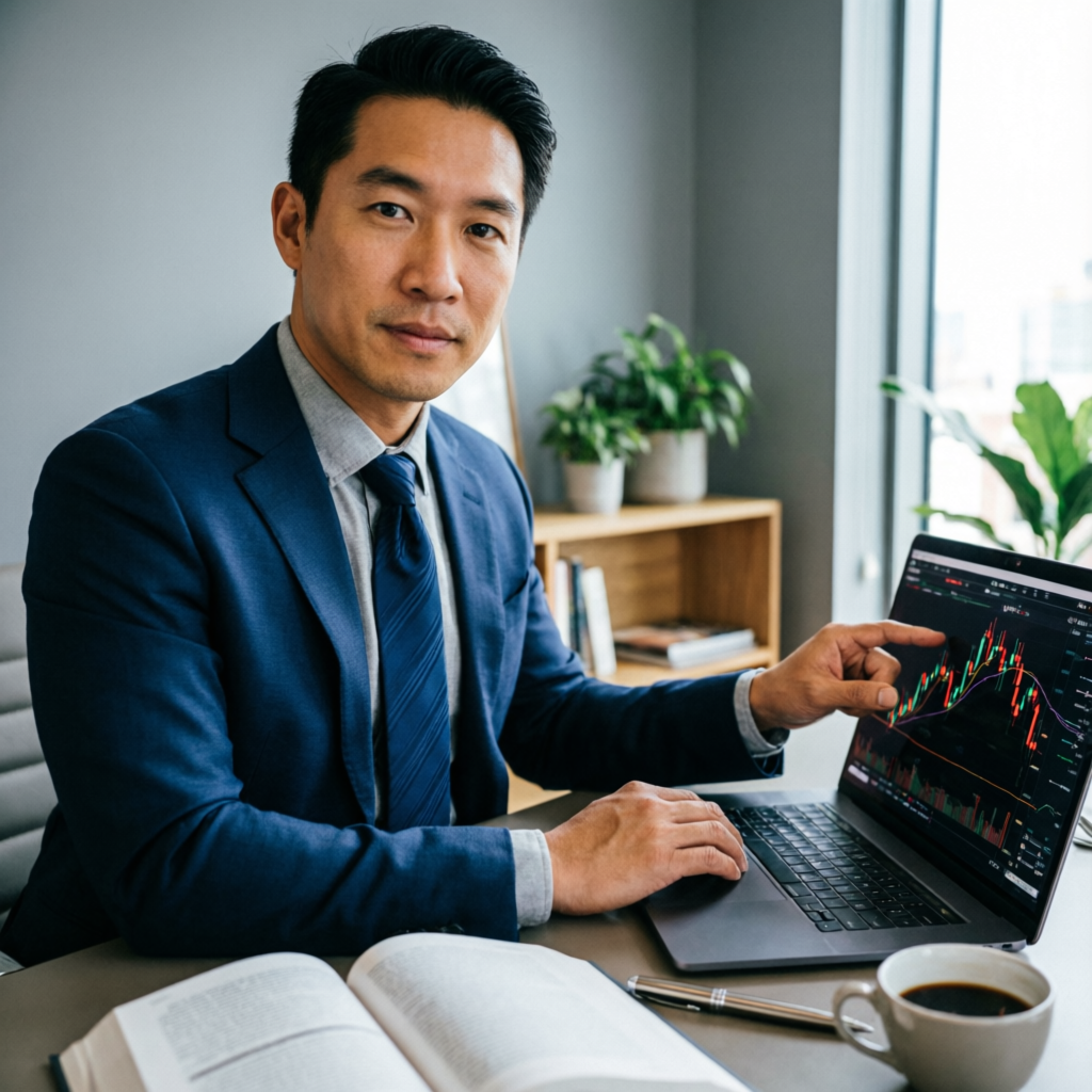Professional trading mentor pointing at forex charts on laptop screen