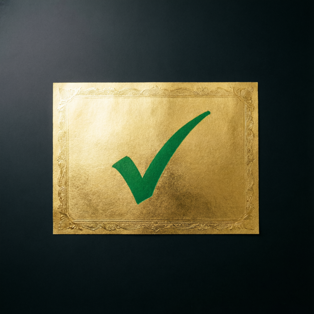 Golden certificate with green checkmark representing Topstep challenge passing success
