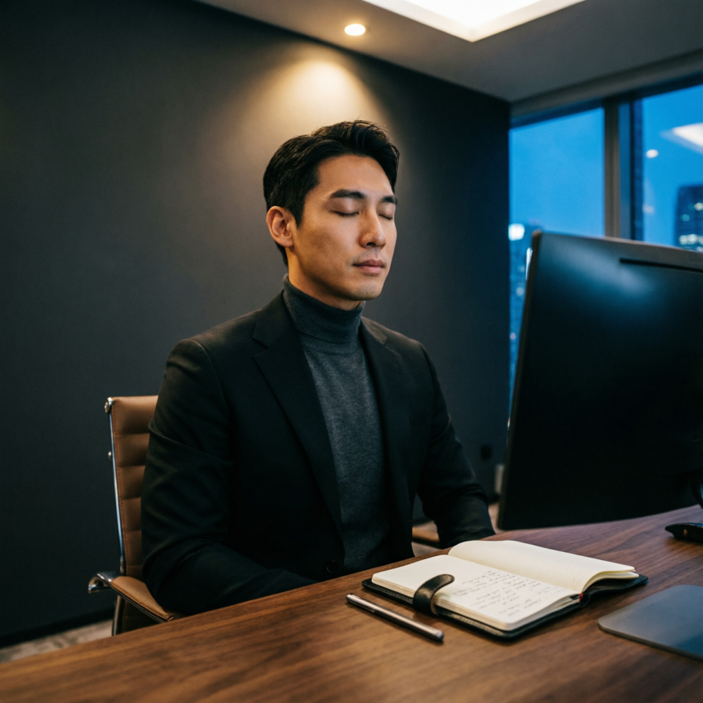Professional trader practicing trading psychology and discipline in modern office
