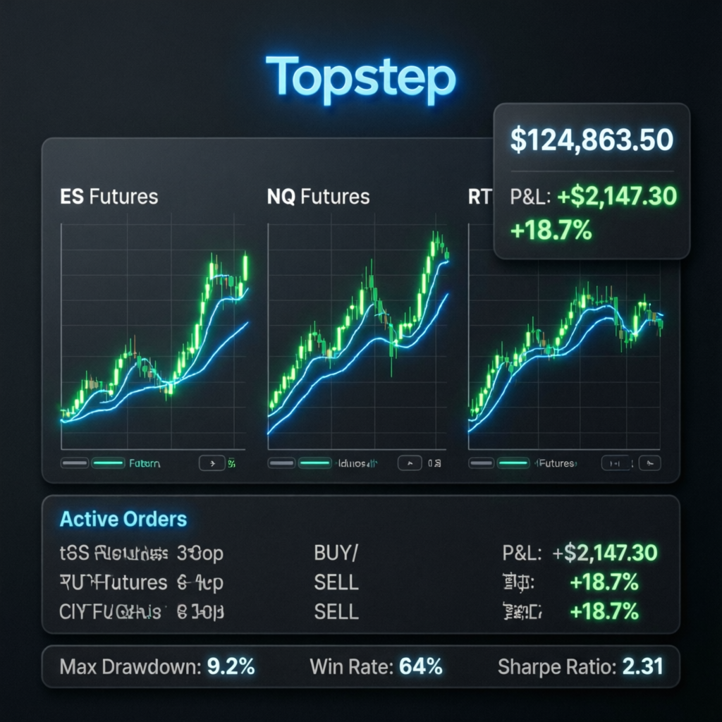 Topstep trading dashboard showing ES, NQ, and RT futures charts with live P&L