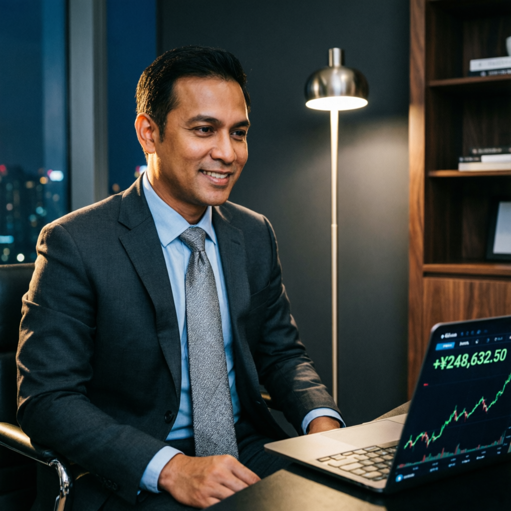 Professional trader reviewing funded account success on laptop