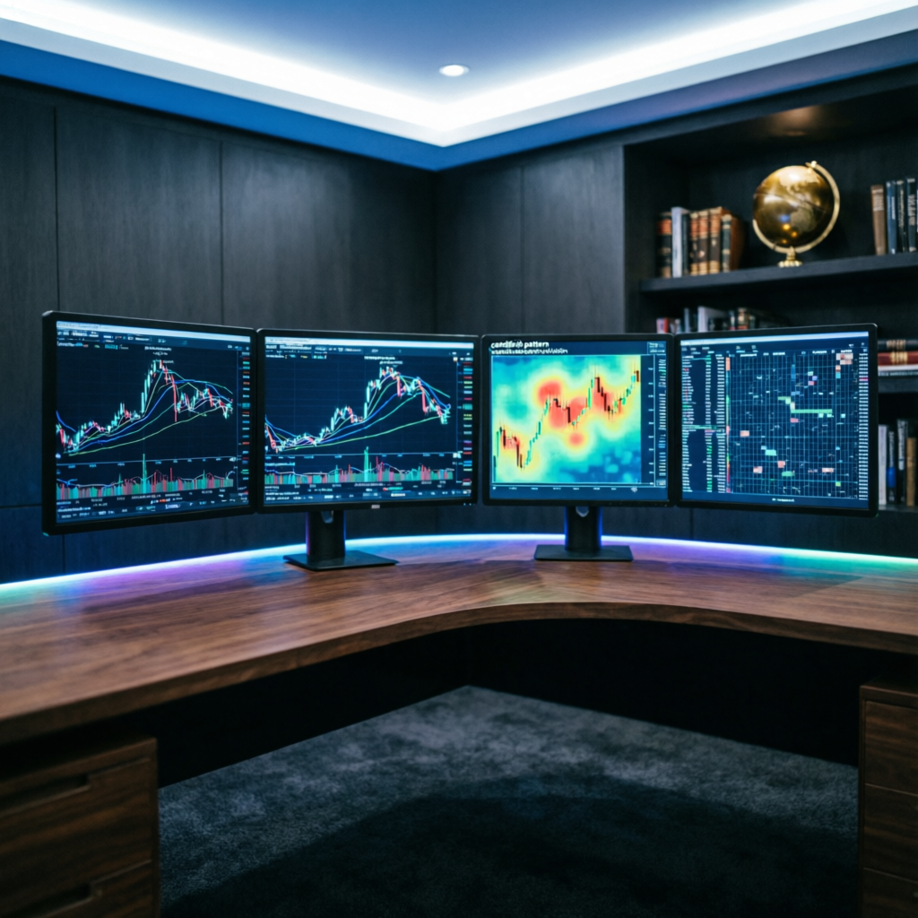 Professional trader workspace with multiple monitors showing Topstep futures charts