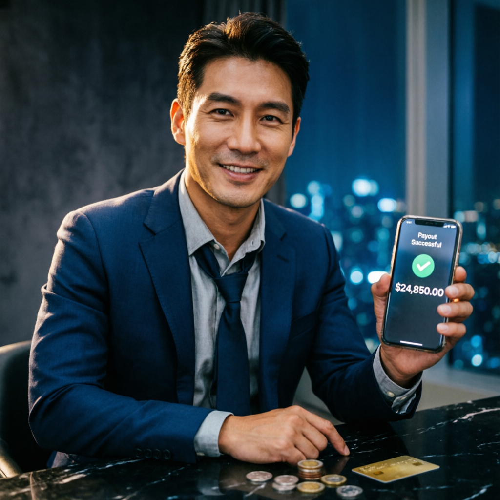 Professional trader holding phone showing successful $24,850 payout notification