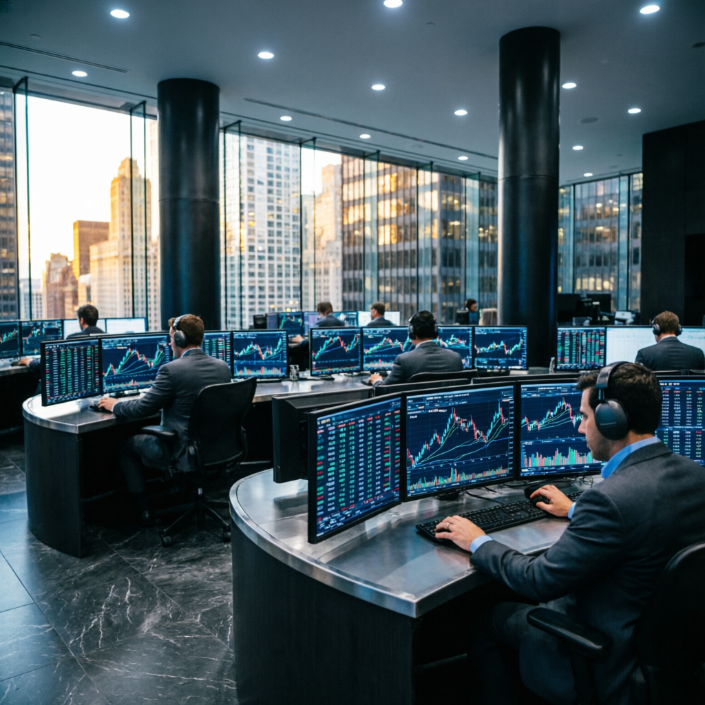Professional trading floor with multiple traders working at computer stations