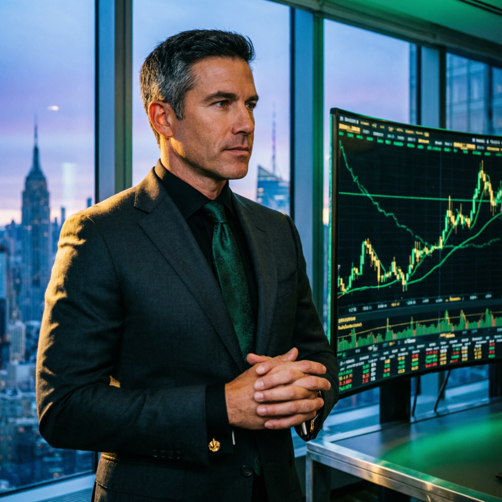 Professional forex trader analyzing Topstep futures charts in Wall Street office