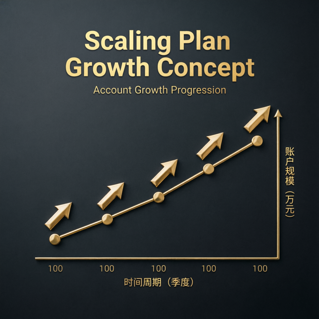 Scaling plan growth concept showing account progression with golden arrows