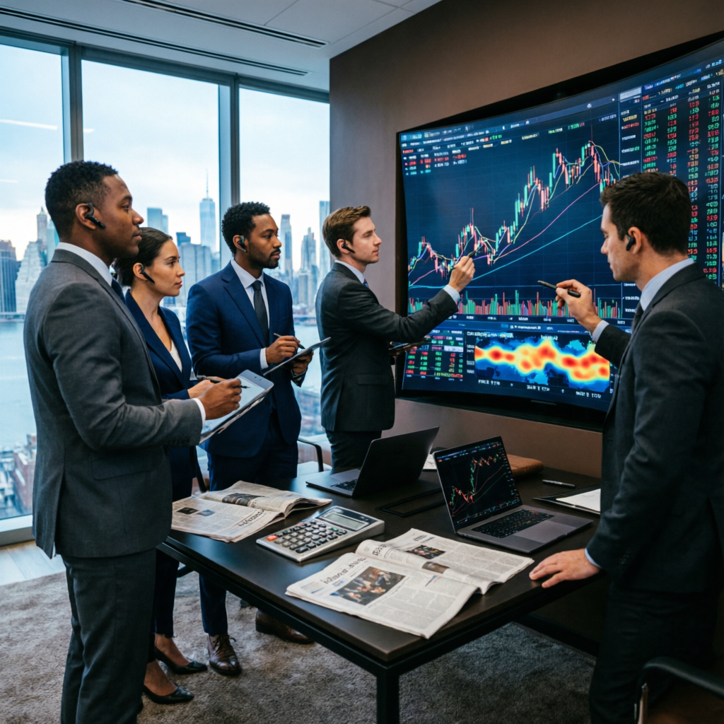 Professional trading team analyzing charts in modern Wall Street office
