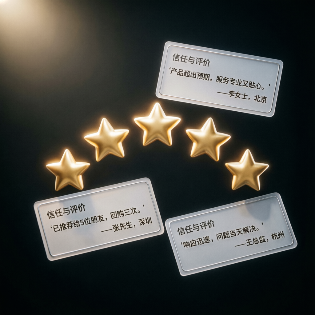Five golden stars with glowing effect representing trust and client reviews