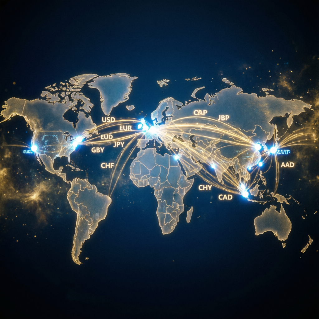 Global forex market world map with glowing trading connections