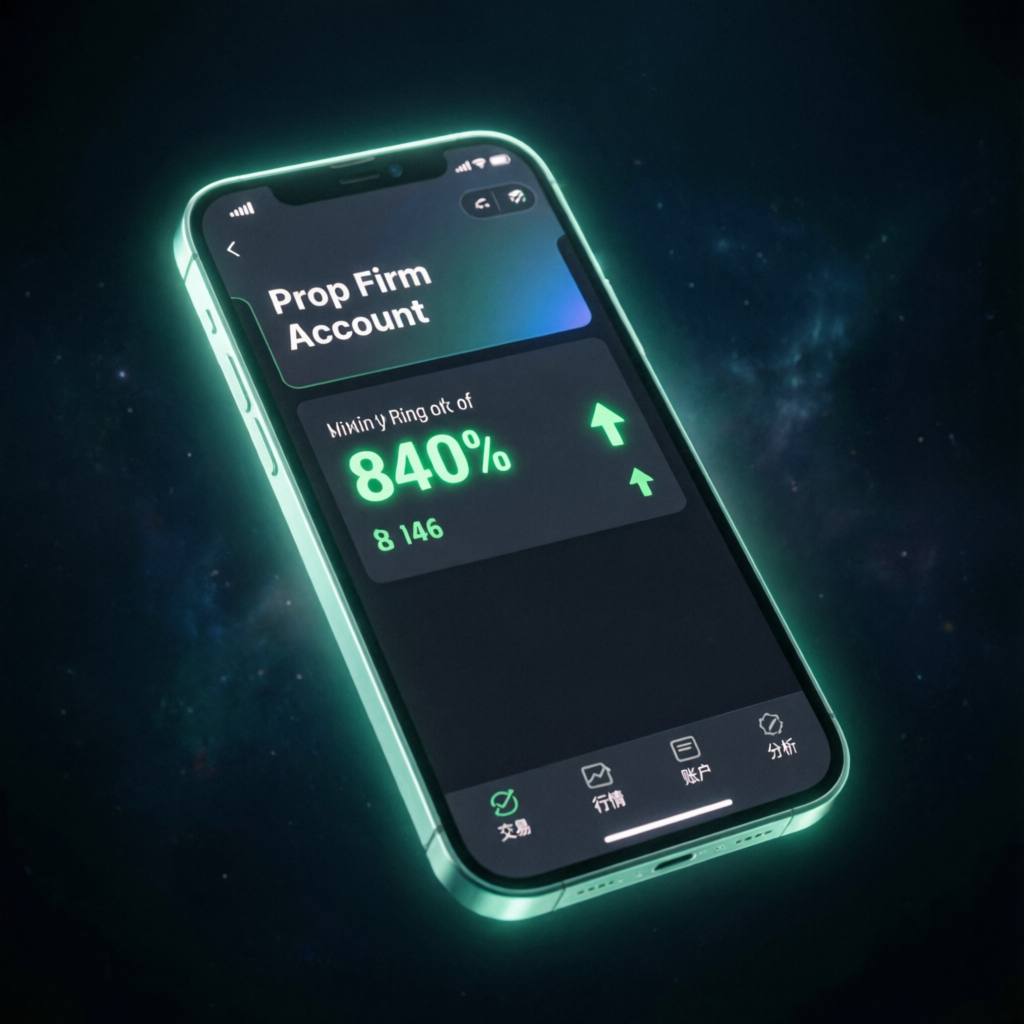 Mobile trading interface showing prop firm account with profit indicators