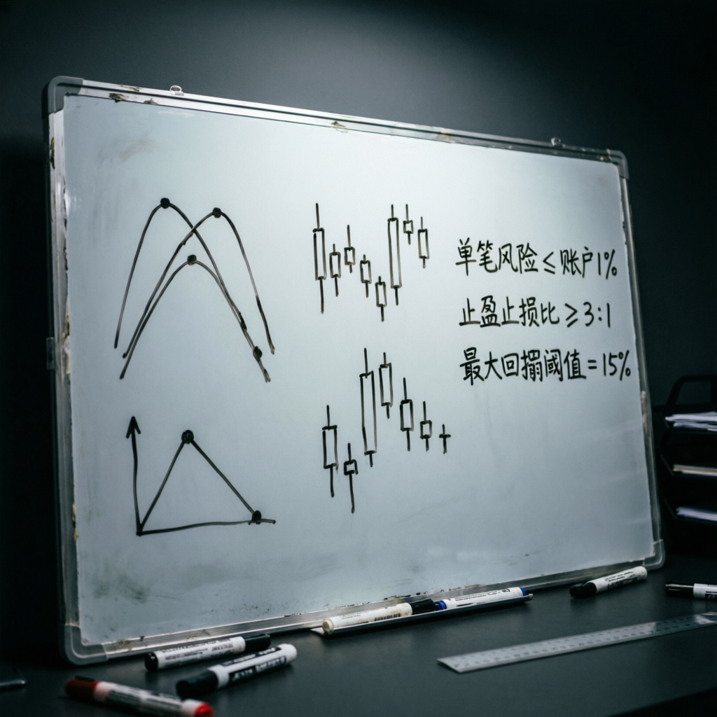 Whiteboard with trading strategy patterns and risk management formulas