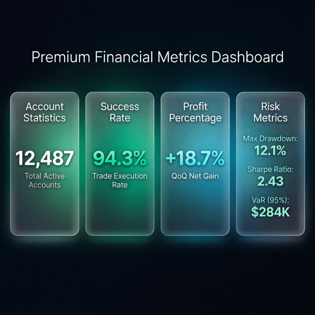 Premium financial metrics dashboard showing account statistics and success rate