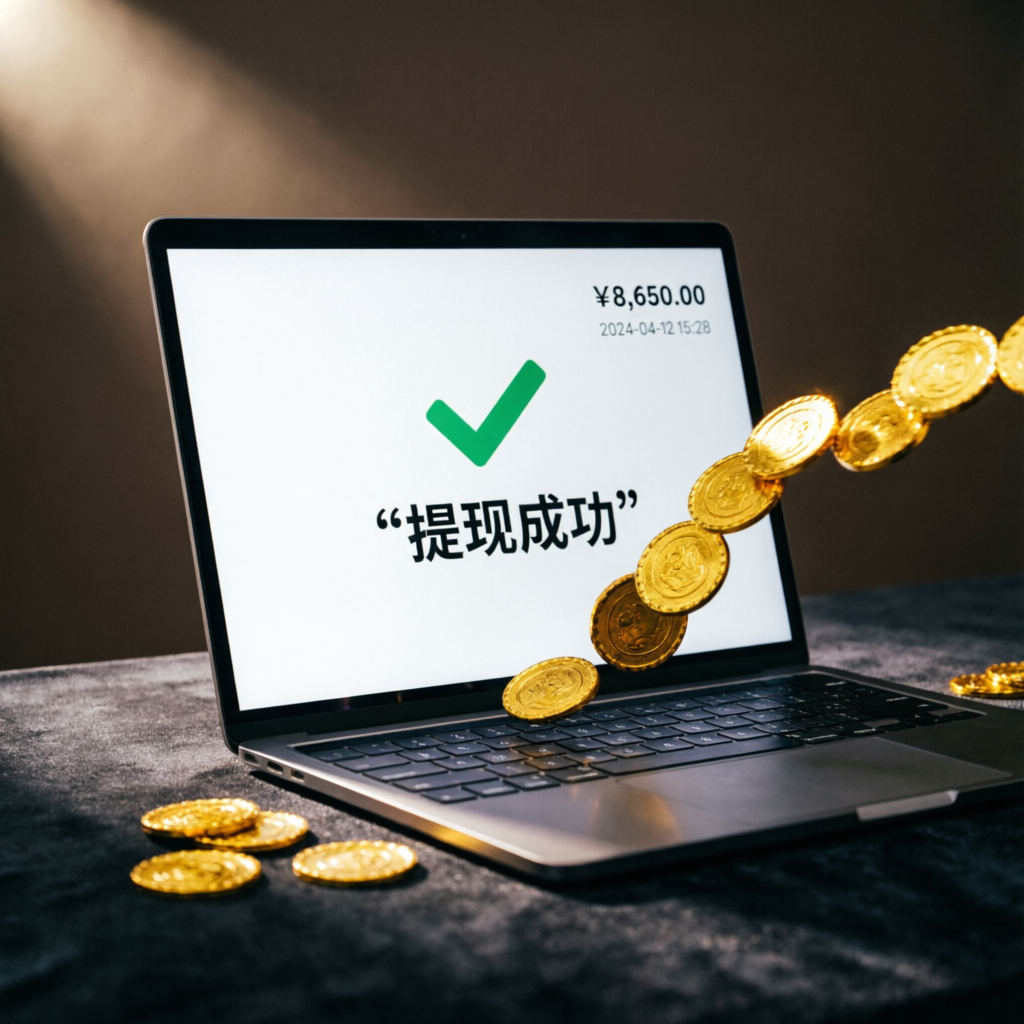 Laptop showing successful Topstep payout withdrawal with gold coins