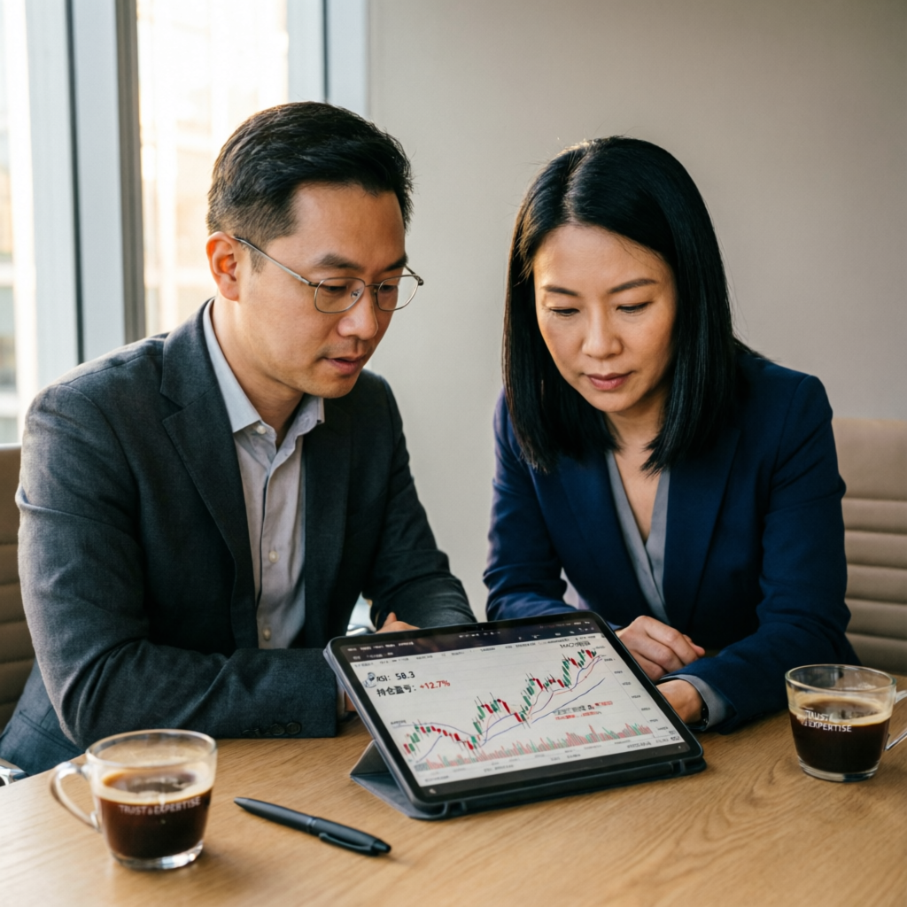 Expert trading consultation with professionals reviewing strategy on tablet