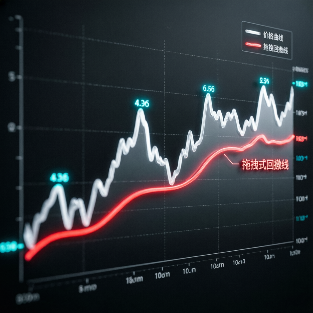 Trailing drawdown visualization showing price curve and trailing red line on dark chart
