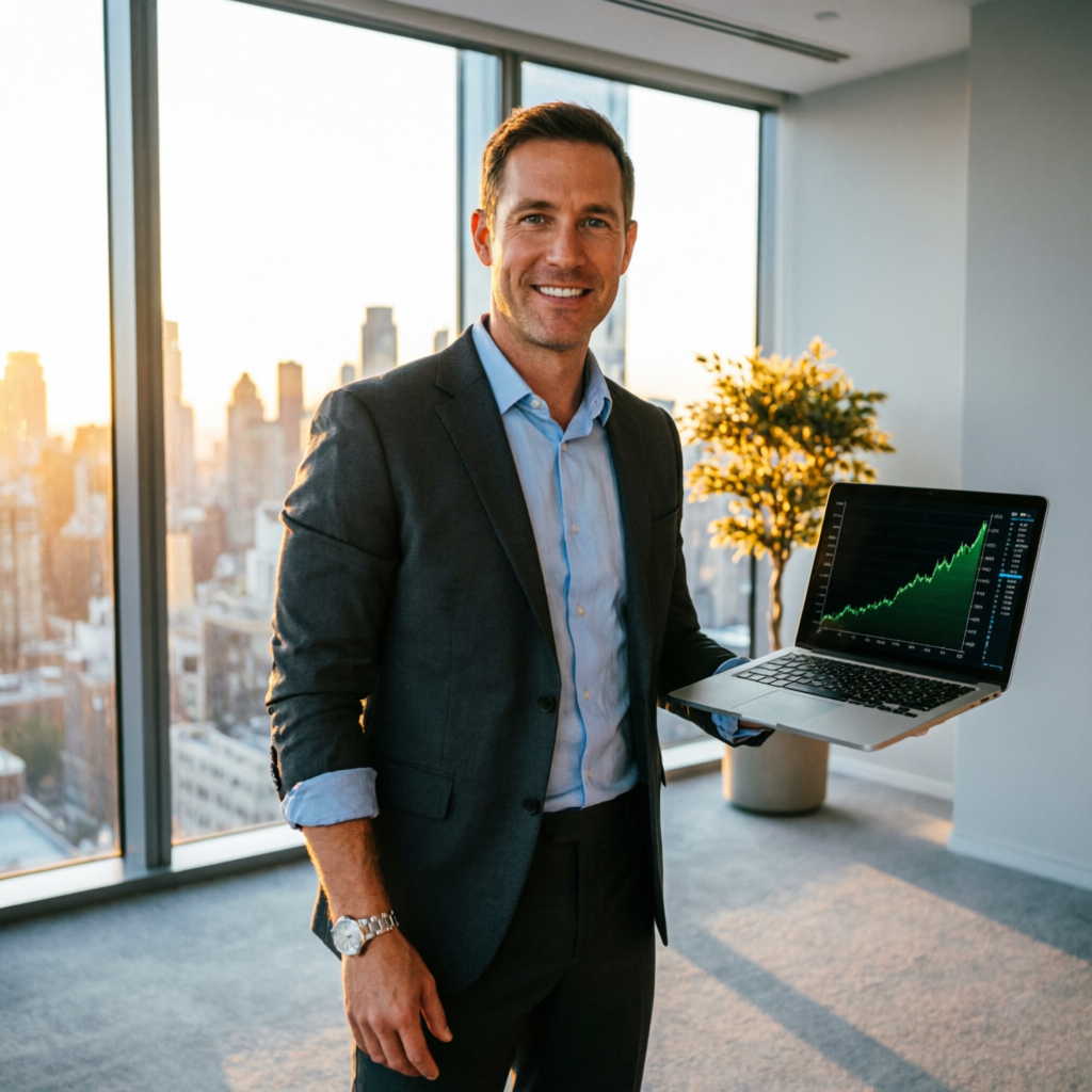 Successful funded trader holding laptop with green profit chart after passing Topstep Express