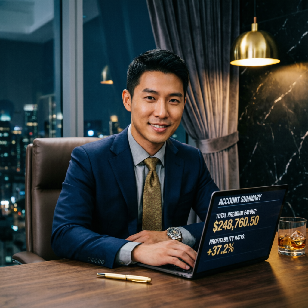 Professional trader reviewing profitable account summary with premium payout