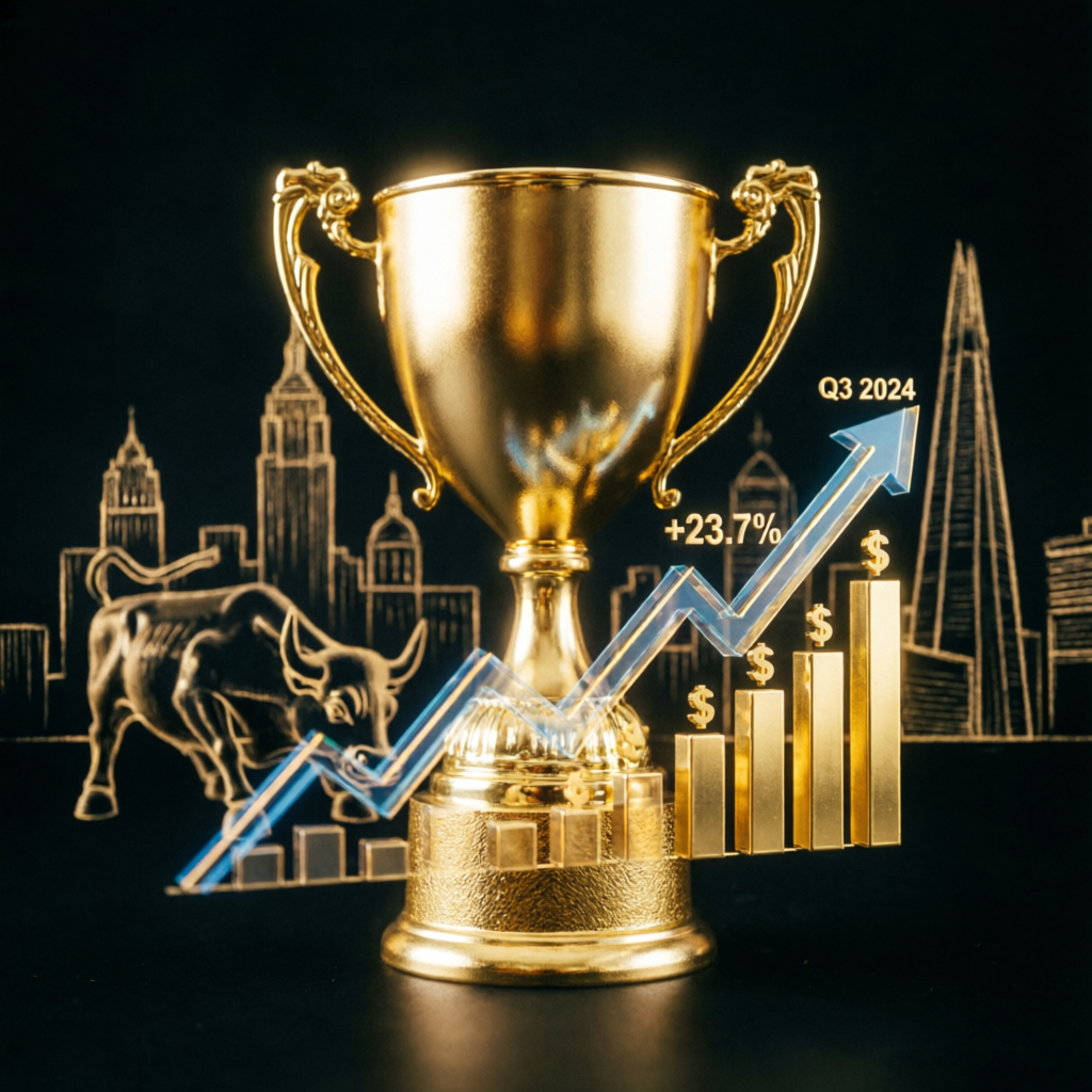 Golden trophy with profit growth chart representing funded account success
